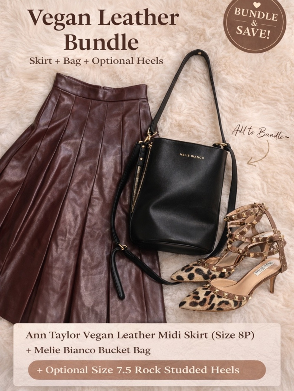 Ann Taylor Vegan Leather Midi Skirt 8P + Melie Bianco Bucket Bag Bundle